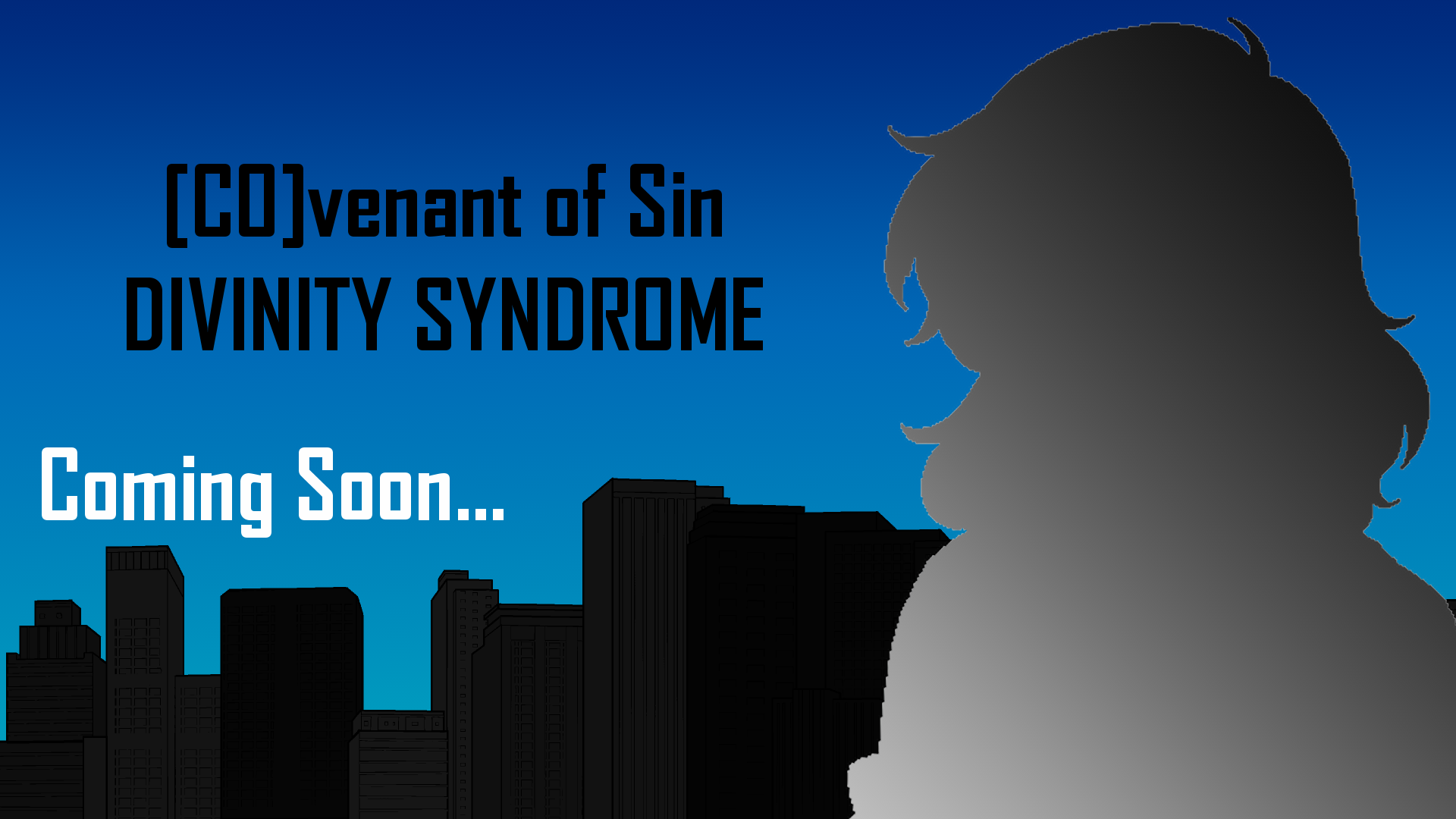 Teaser art for Divinity Syndrome: a silhouetted character in front of a city skyline