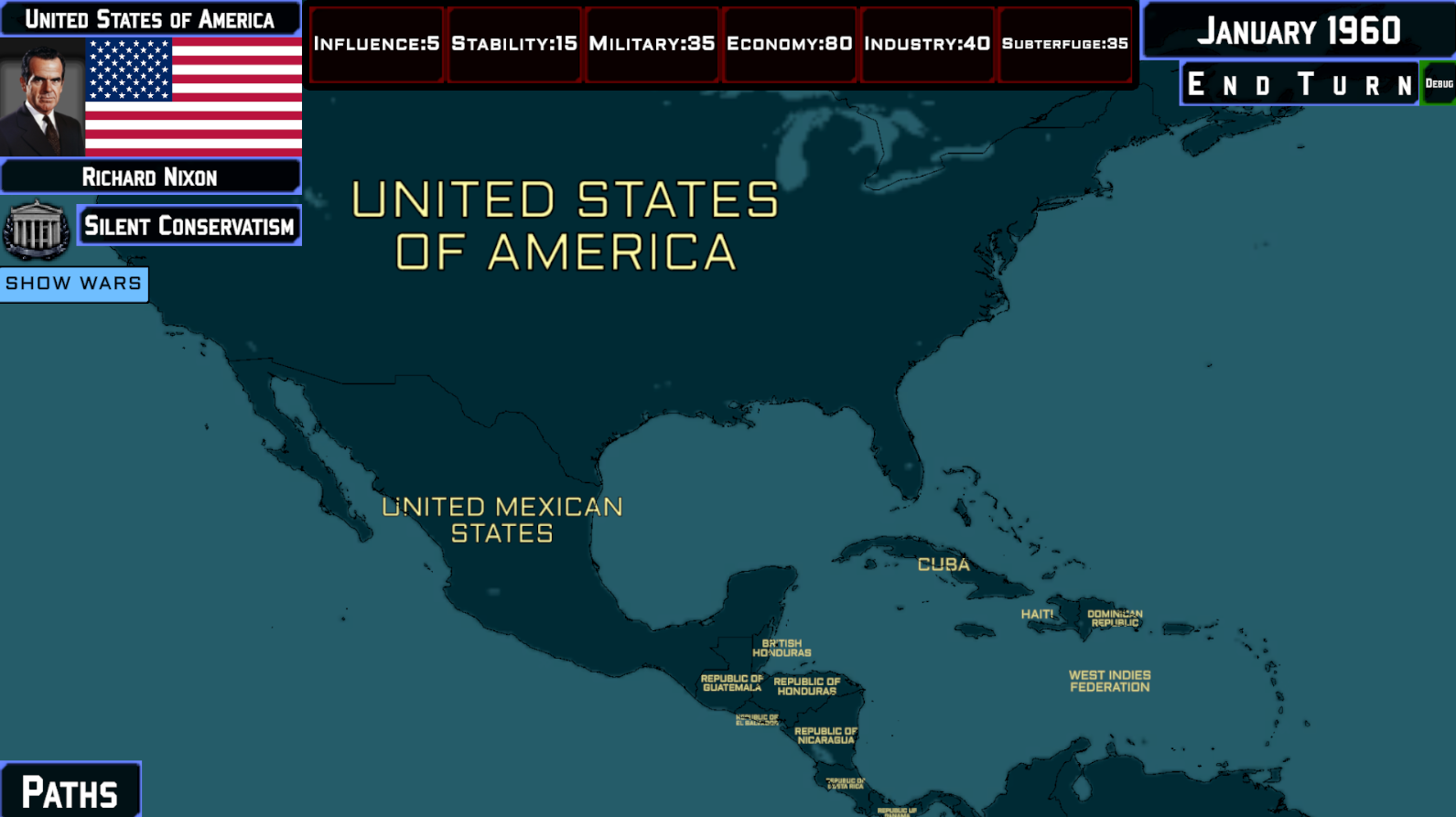 Blood and Soil game interface showing a political map of North America